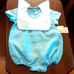 Judy Lynn blue gingham bubble suit embroidered Train & Bunny Reverse collar 9M …